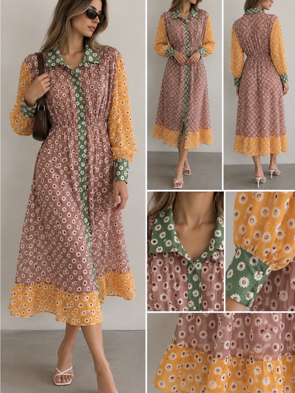 Never Fully Dressed Mauve Floral Midi Dress with Yellow Sleeves and Green Trim
